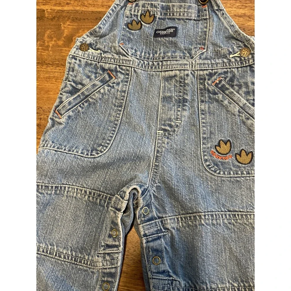 OshKosh B’Gosh Vestbak Dinosaur Footprints Denim Overalls Boys Size 18 Months